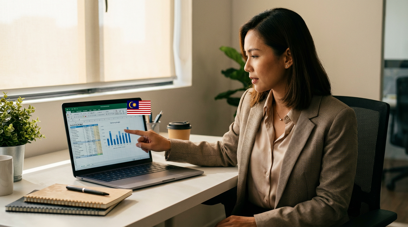 A Malaysian business owner reviewing a marketing budget spreadsheet with budget allocation charts